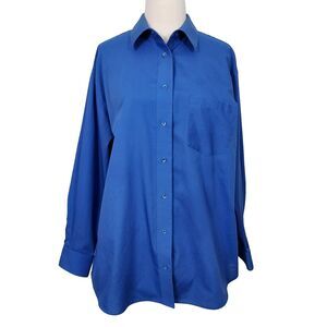 Foxcroft Wrinkle Free Button Up Shirt Top Womens Size 14W Blue Easy Care  LS